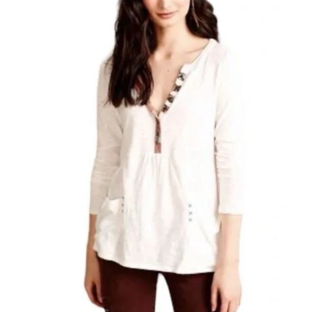 Anthropologie Little Yellow Button Pocket Henley Long Sleeve Blouse Small Boho